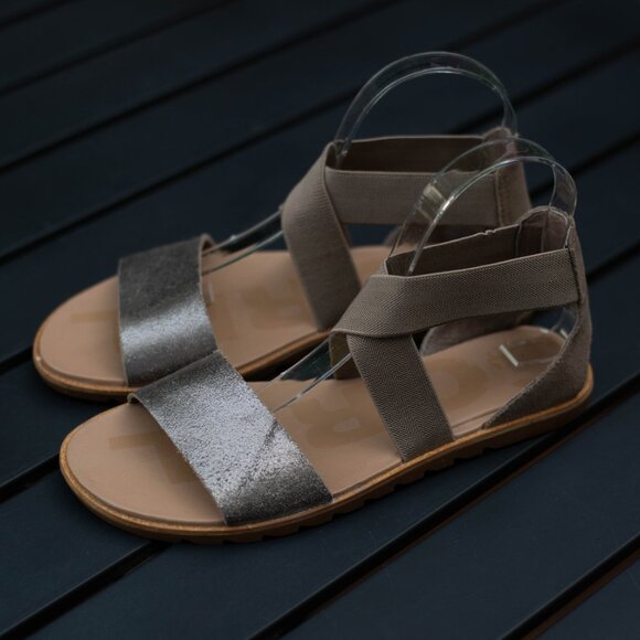 Sorel Ella II Sandals Womens US 8 Strappy Slip On Flats Metallic Ash Brown - Picture 4 of 16